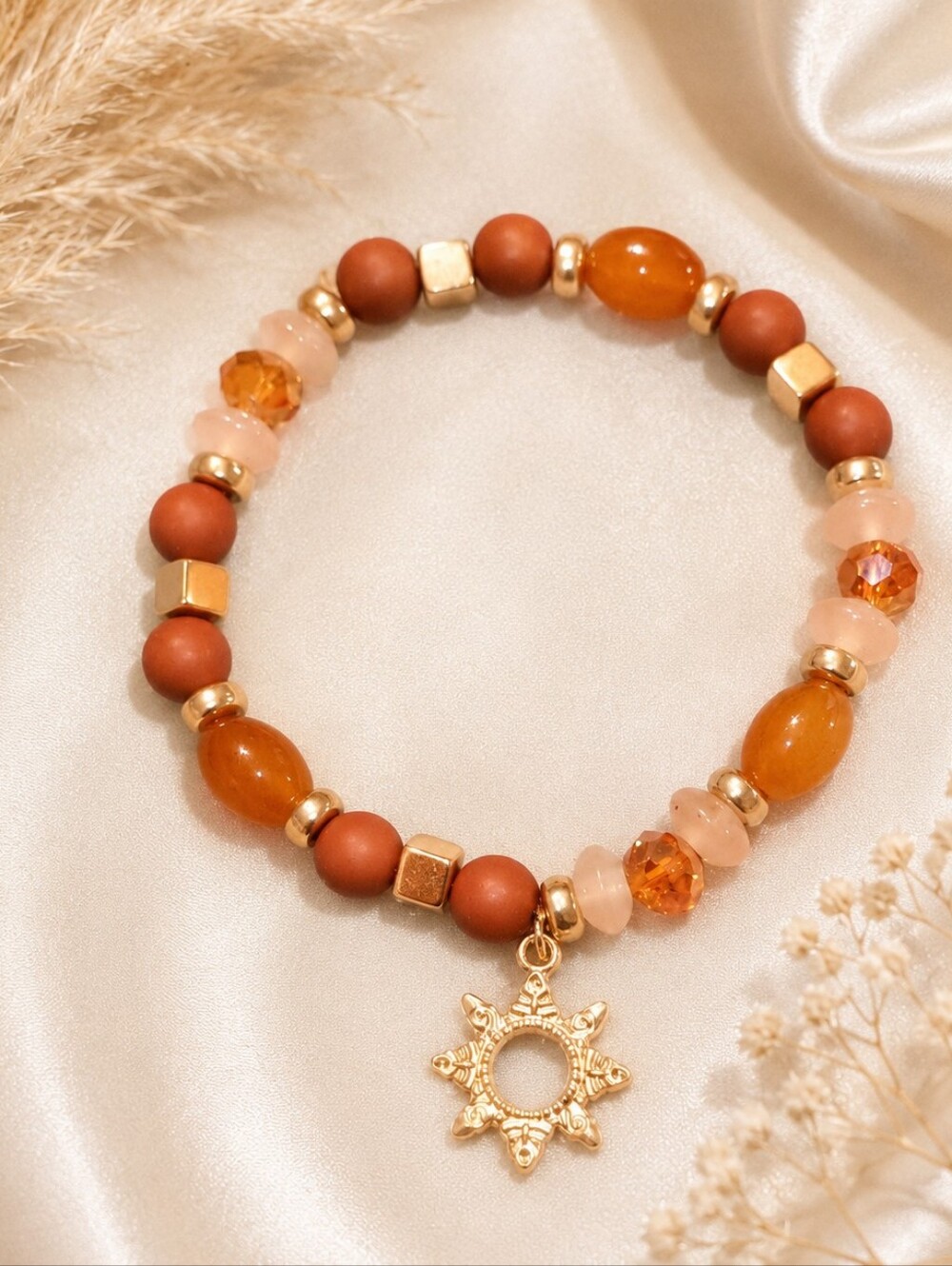Handmade Sunset Sun Charm Stretch Bracelet Amber Peach Gold Boho